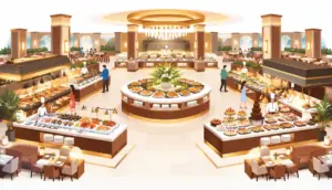 Isometric illustration of a large casino resort buffet dining hall with food stations and chandeliers