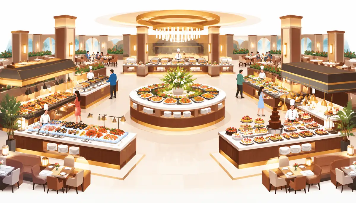 Casino Buffets: What's Left, What They Cost, and How to Work the Line 1 Isometric illustration of a large casino resort buffet dining hall with food stations and chandeliers
