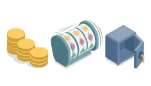 Isometric casino jackpot with stacked coins, slot reel, and open safe