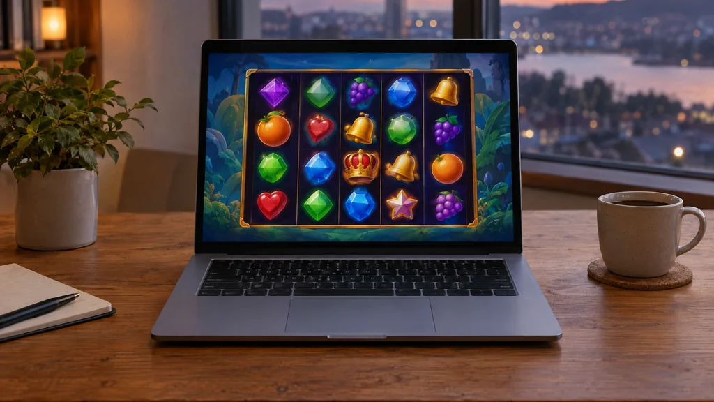 Laptop on a desk showing colourful slot game tiles, coffee cup beside it