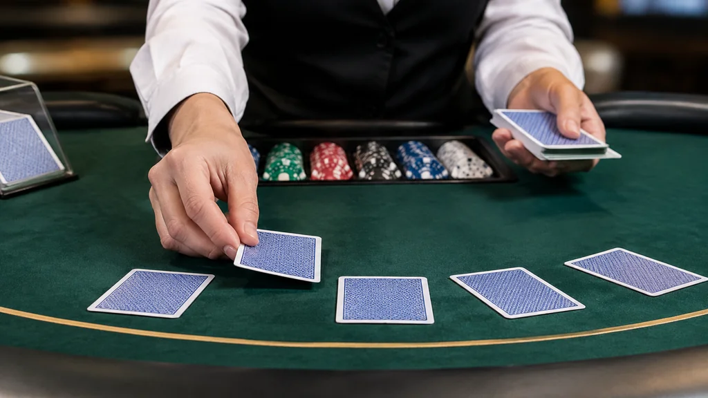 Live casino dealer's hands dealing playing cards across a green felt table