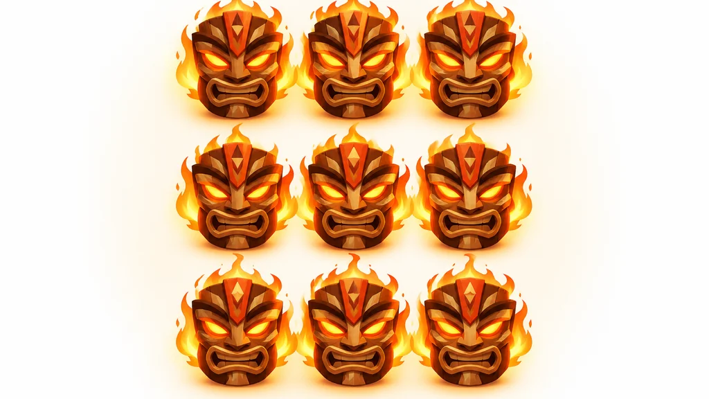 9 Masks of Fire Slot Review: RTP, Volatility and Features 2 Isometric illustration of tribal fire masks arranged in a winning grid pattern