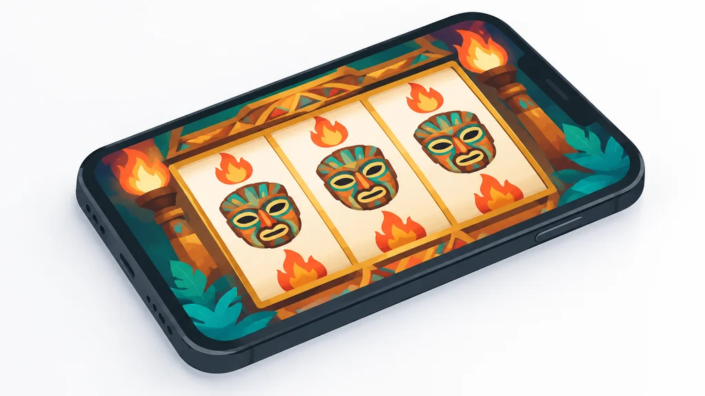 9 Masks of Fire Slot Review: RTP, Volatility and Features 4 Isometric illustration of a smartphone displaying an abstract tribal mask slot reel