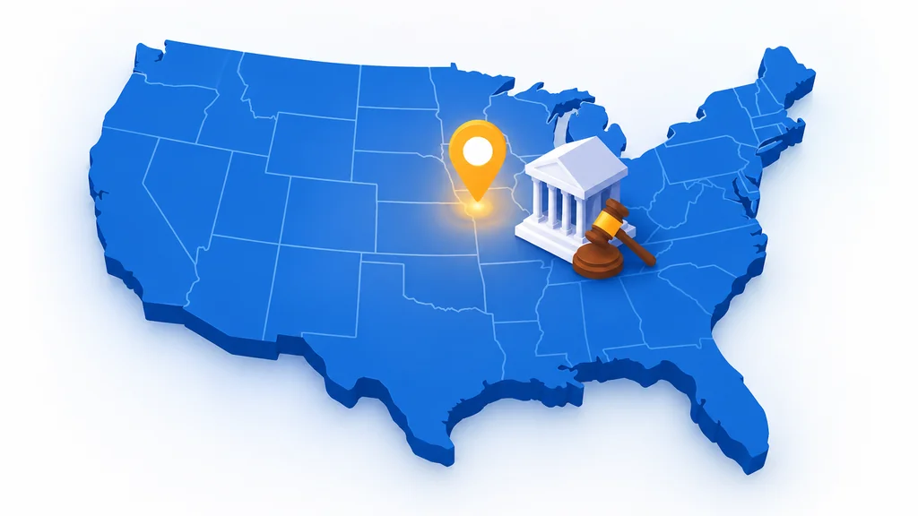 PartyCasino: Play Casino Games, What's Actually in the Library and Where You Can Legally Play 4 Isometric illustration of a US map with a location pin and a courthouse icon