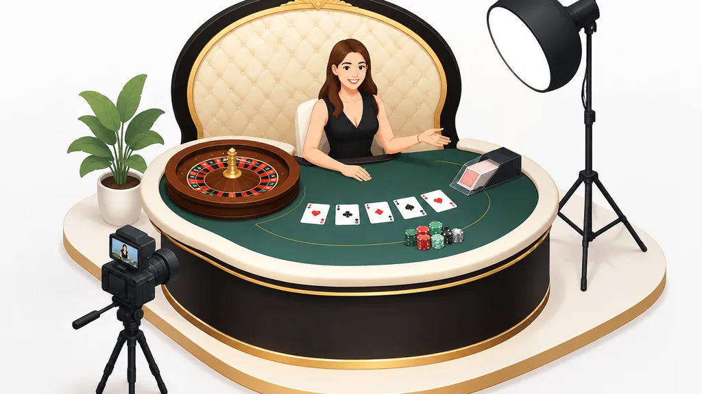 PartyCasino: Play Casino Games, What's Actually in the Library and Where You Can Legally Play 3 Isometric illustration of a live casino dealer, roulette wheel and streaming camera setup