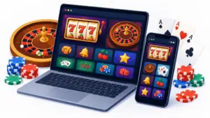 Isometric illustration of a laptop and phone showing casino game icons, surrounded by poker chips and a roulette wheel