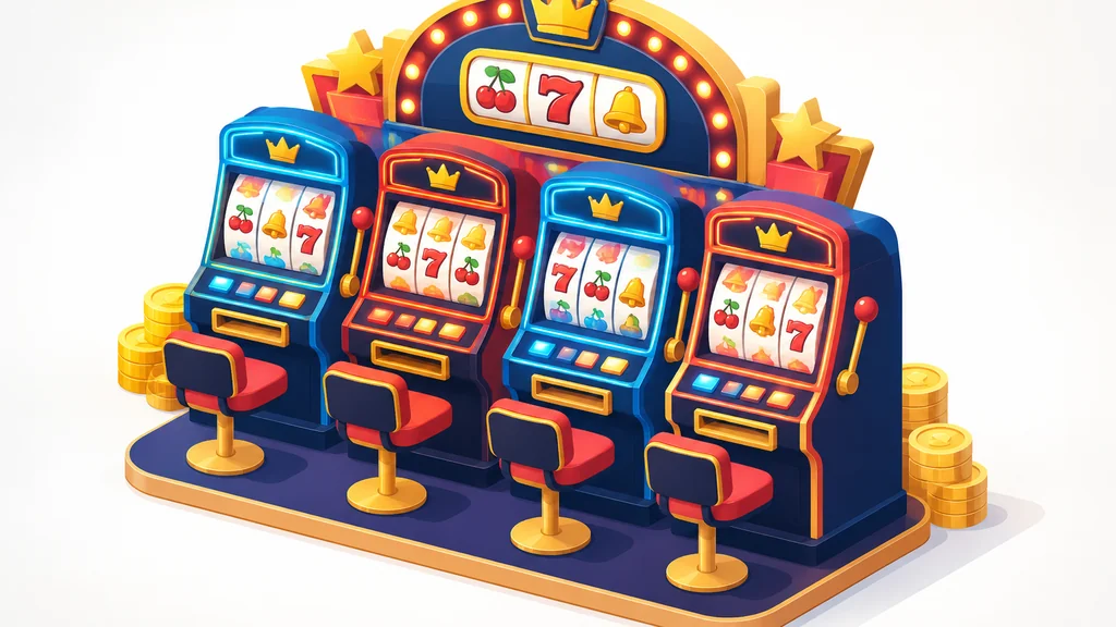 PartyCasino: Play Casino Games, What's Actually in the Library and Where You Can Legally Play 2 Isometric illustration of glowing casino slot machines with stacked coins