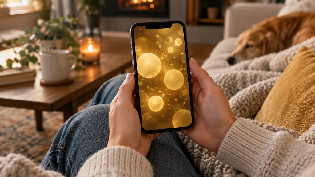 Person holding smartphone on sofa showing glowing golden coins in cosy living room