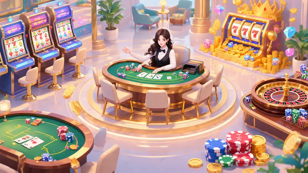 Isometric illustration of diverse casino games including slots, live dealer table, and jackpot elements