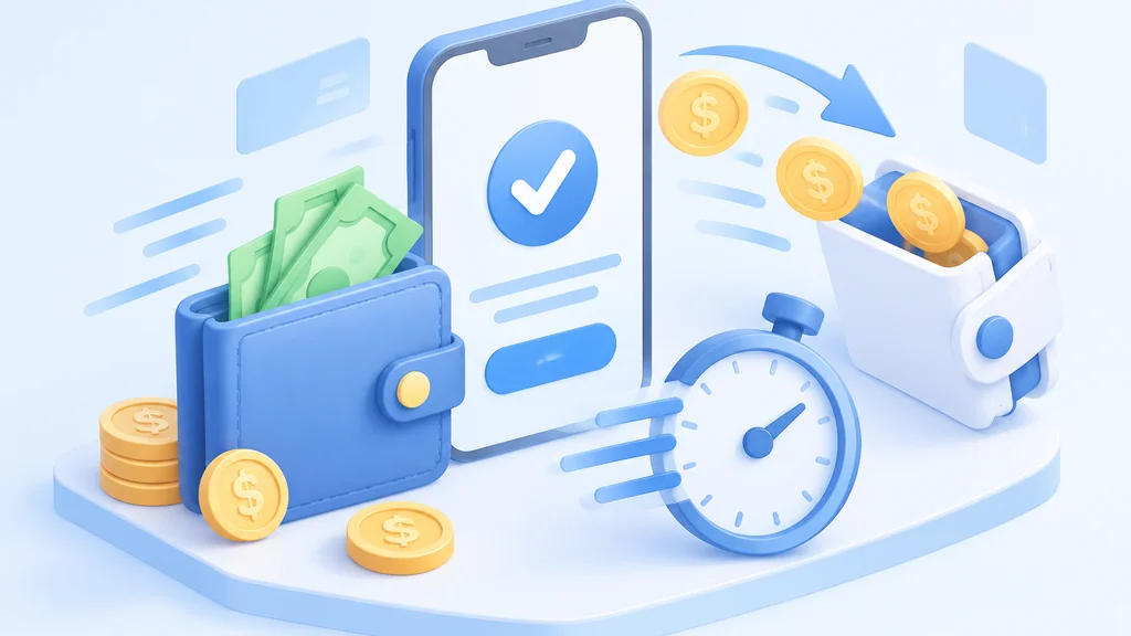 Isometric illustration of fast digital payment and withdrawal with money transfer, wallet, and timer motifs