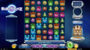 Reactoonz slot demo screenshot, 7x7 grid with alien characters
