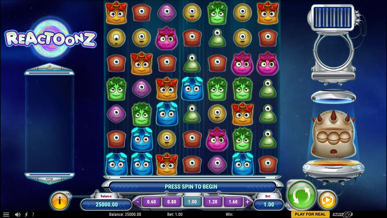 Reactoonz slot demo screenshot, 7x7 grid with alien characters