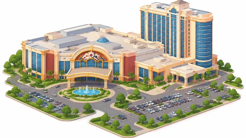 Casino Rama Events: How the Entertainment Centre Works, Tickets, and Entry Rules 4 Isometric illustration of a casino resort with a hotel tower and low gaming building