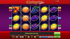 Sizzling Hot Deluxe slot demo screenshot, fruit symbols and five paylines