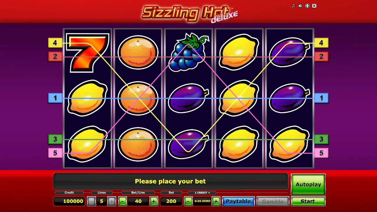 Sizzling Hot Deluxe slot demo screenshot, fruit symbols and five paylines