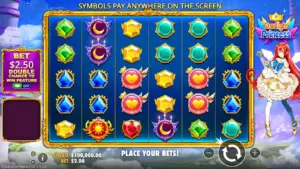 Starlight Princess slot demo screenshot, gem symbols on a six reel grid with the princess character