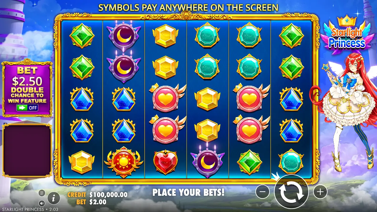 Starlight Princess 1 Starlight Princess slot demo screenshot, gem symbols on a six reel grid with the princess character