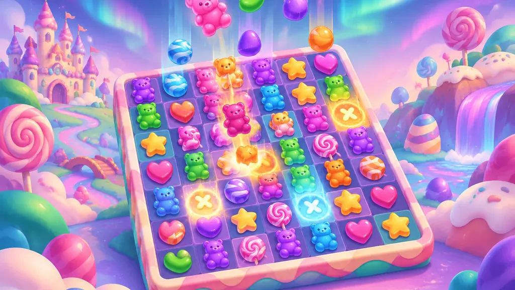 Isometric illustration of a candy grid cascading with glowing multiplier positions