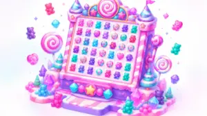 Isometric candy-land slot machine illustration with cascading gummy bears and lollipops in neon aurora colors