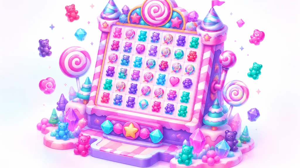 Isometric candy-land slot machine illustration with cascading gummy bears and lollipops in neon aurora colors