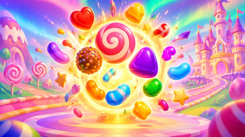 Isometric illustration of scatter candy symbols triggering a glowing bonus portal
