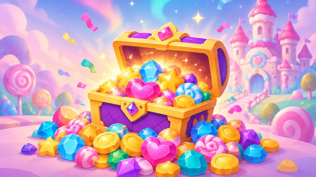 Isometric illustration of a glowing pile of candy gems in a candy-castle setting