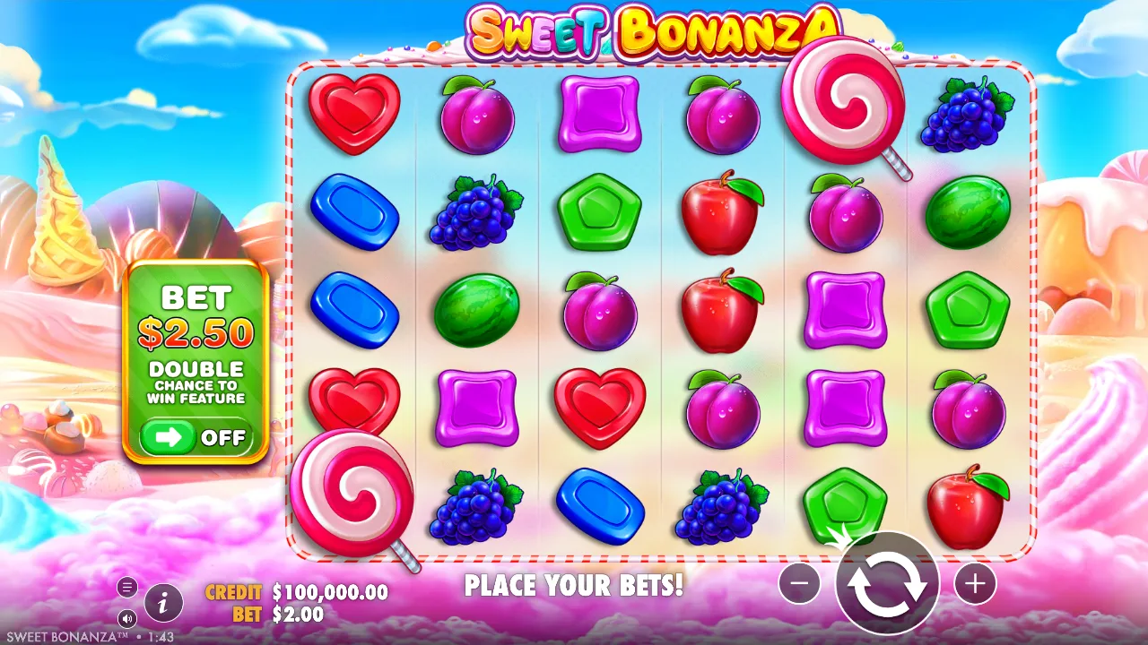 Sweet Bonanza slot demo screenshot, candy and fruit symbols on a six reel grid