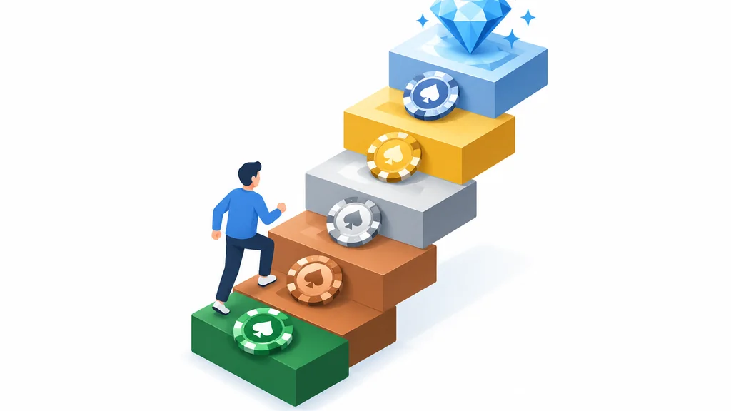 Casino Classic Rewards: The Six-Tier Ladder and the Invite-Only VIP Room Explained 2 Casino loyalty tier ladder with six ascending colored steps, green to diamond