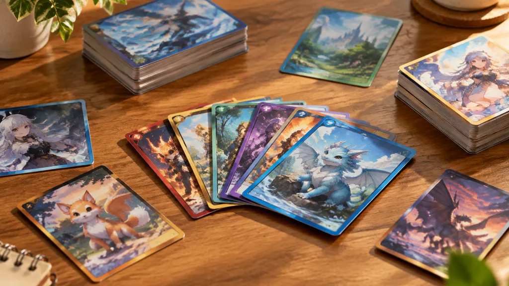 Colourful collectible trading cards spread across a wooden desk in warm light