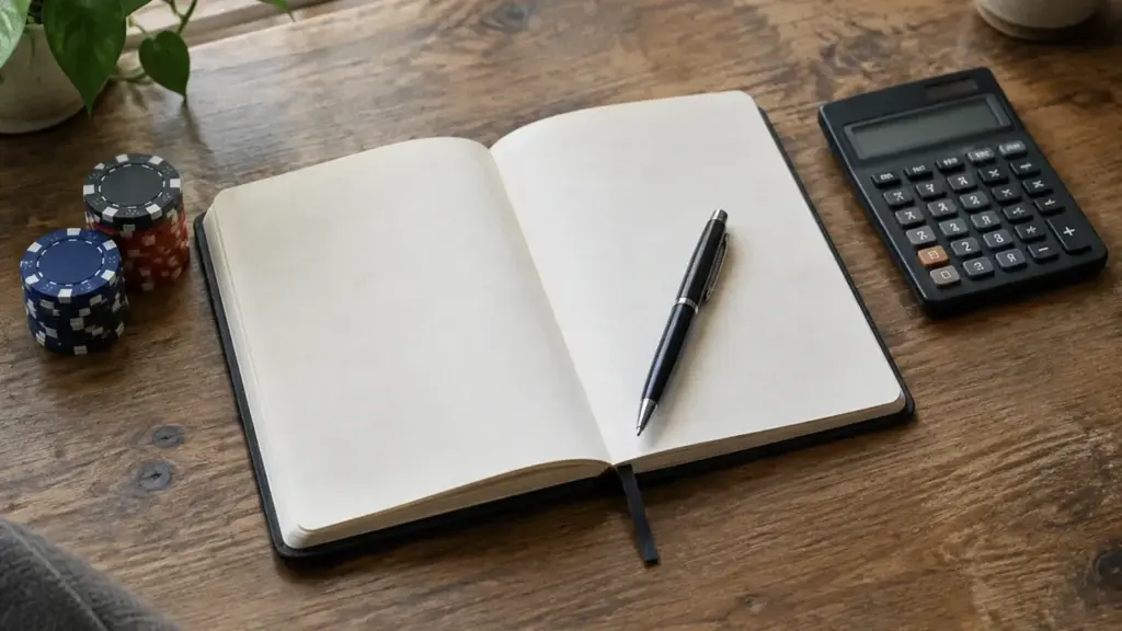 Notebook, pen, calculator and poker chips on a wooden desk