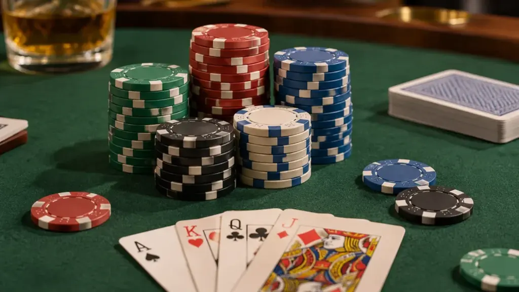 Stacks of colored poker chips and playing cards on green felt