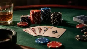 Poker chips, fanned cards and a glass under warm light