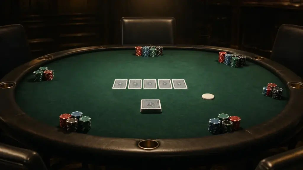 Dim tournament final room surrounded by chip stacks and leather chairs