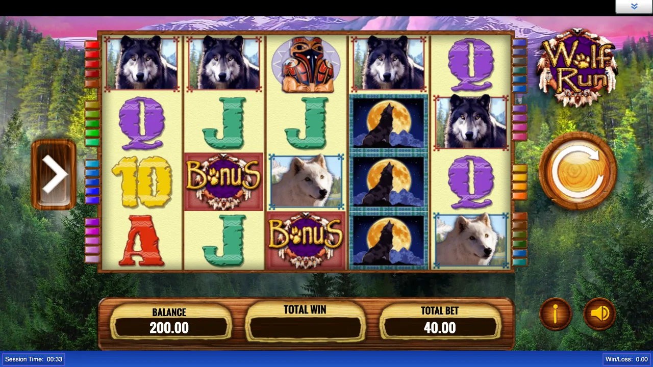Wolf Run slot demo screenshot, wolves, bonus symbols and forty paylines
